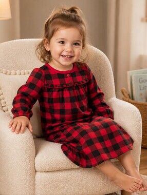 Carter's Buffalo Plaid Fleece Nightgown Girls 2T Red Black Cozy Winter Pajamas